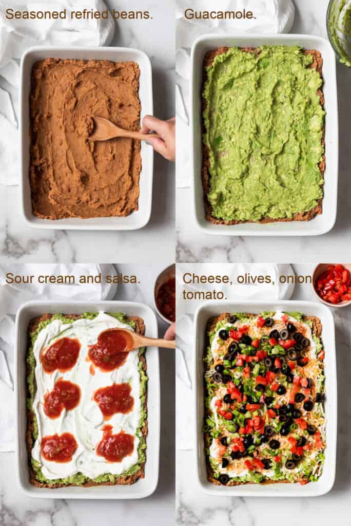 Four process photos for assembling 7 layer bean dip.