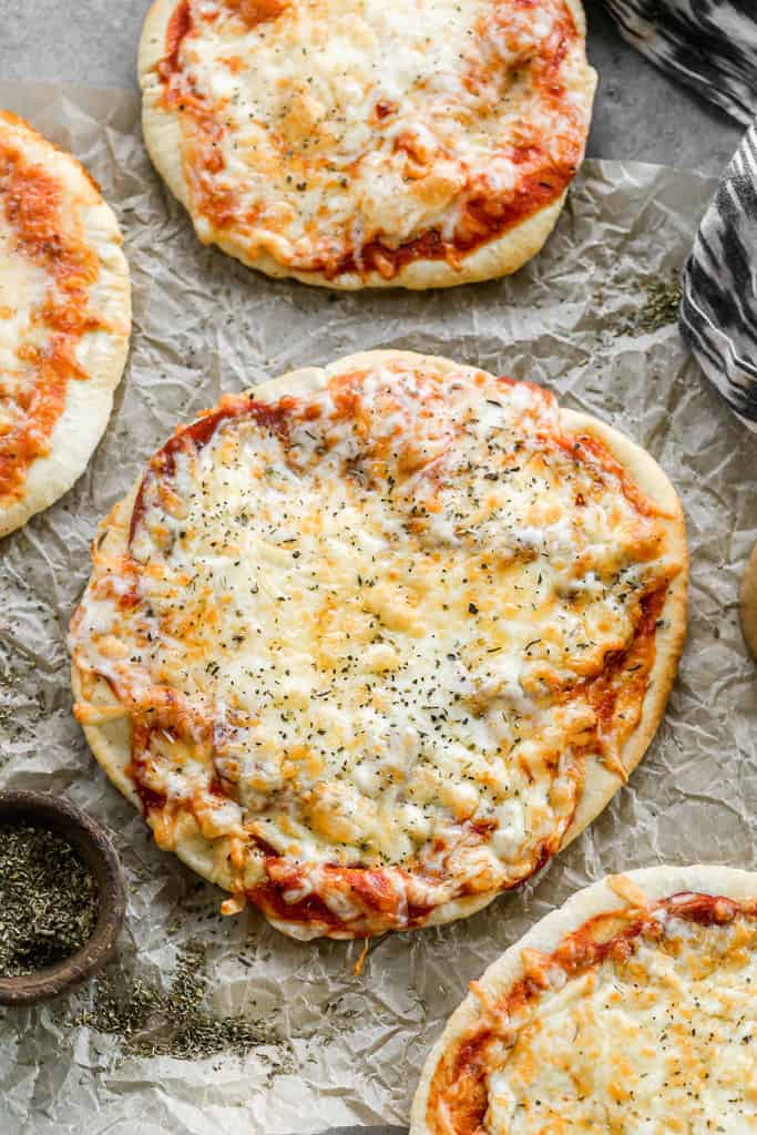 A mini cheese pizza cooked in the air fryer.