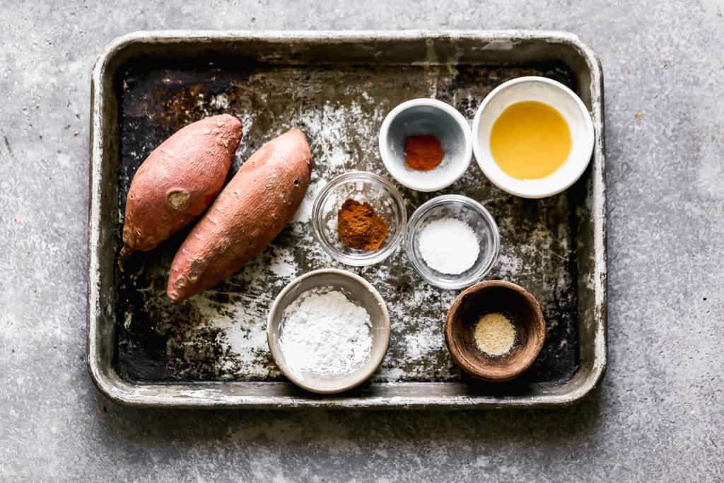 The ingredients needed to make sweet potato fries in the air fryer.