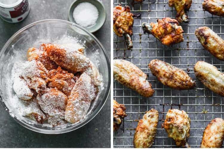 Wings in a bowl with dry spice rub and then baked on a wire rack.