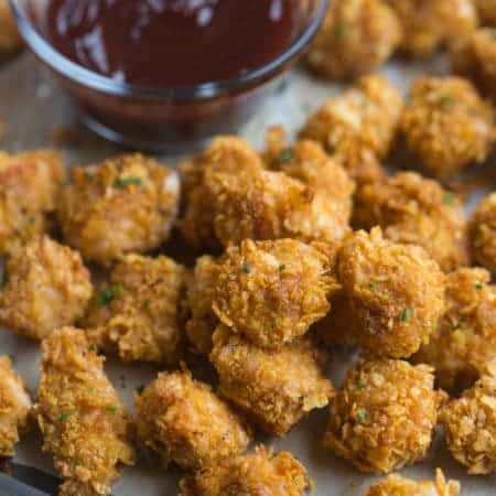 Crispy on the outside, juicy on the inside, BAKED Popcorn Chicken, served with your favorite dipping sauce! | Tastes Better From Scratch