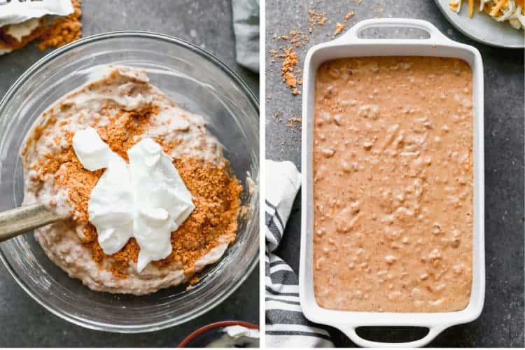 Two process photos for mashing bean dip ingredients in a mixing bowl, then adding to a baking dish.