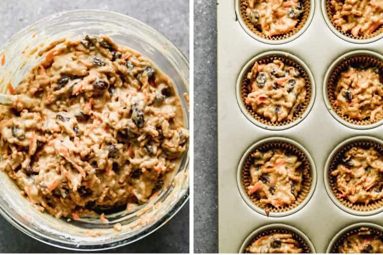 A mixing bowl with the batter for bran muffins next to a lined muffin tin filled with the batter.