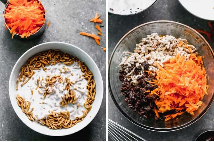 All-bran and buttermilk soaking in a bowl, next to another photo of the remaining bran muffin ingredients added.