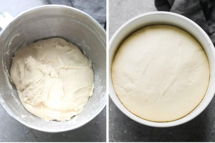 Two process photos for breadstick dough rising in a bowl.