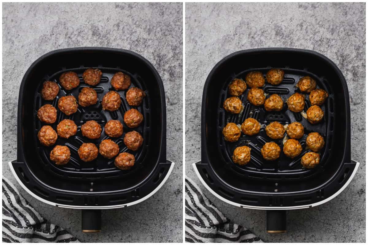 Two images showing easy Buffalo Chicken Meatballs spread out in an air fryer basket before and after they are baked.