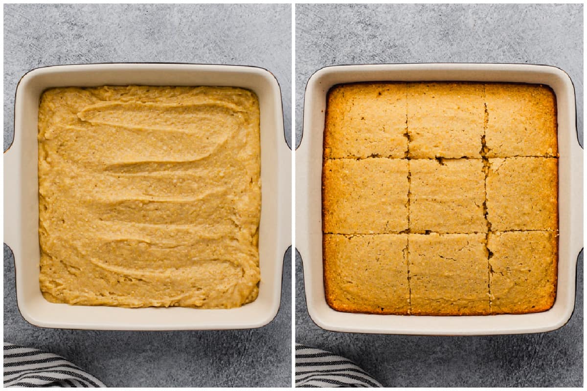 An easy cornbread recipe before and after it's baked and cut into squares.