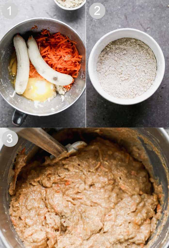 Three process photos for making batter for carrot muffins.