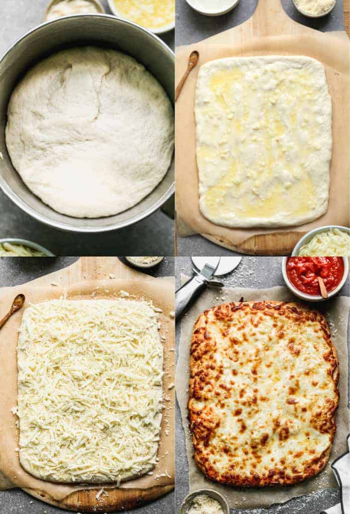 Four process photos for making cheesy breadsticks including the dough in a bowl, rolled out, toppings added, and baked.