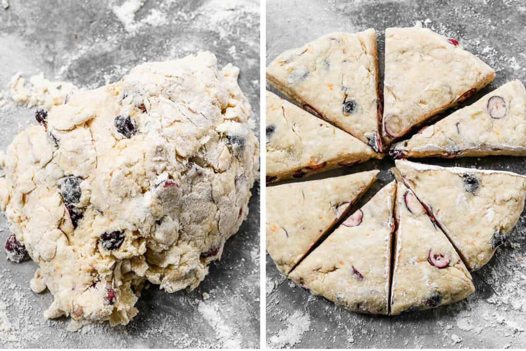 Dough for scones in a ball on the counter next to another photo of the dough pressed into a circle and cut into wedges.