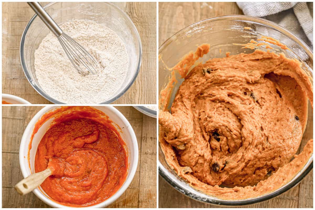 Three images showing the dry ingredients, wet ingredients, and after they are combined to make a pumpkin muffin batter.