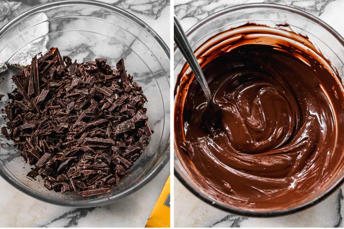 Two images showing chopped chocolate in a glass bowl, then the chocolate melted.