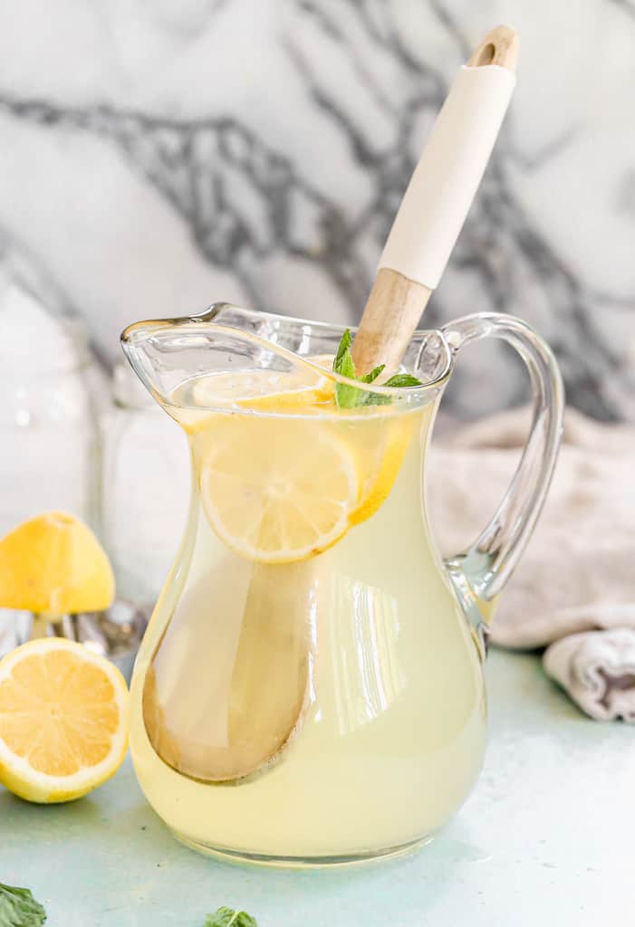 A pitcher of homemade lemonade.