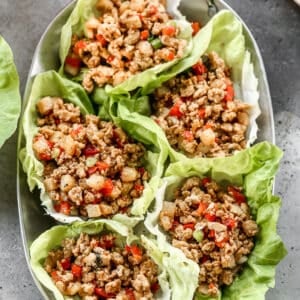 Five Asian lettuce wraps on a platter, ready to enjoy.