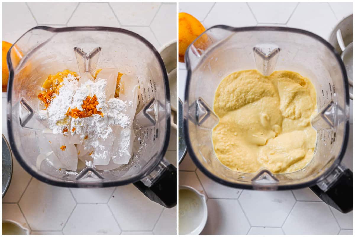 Two images showing a homemade Orange Julius being blended in a blender.