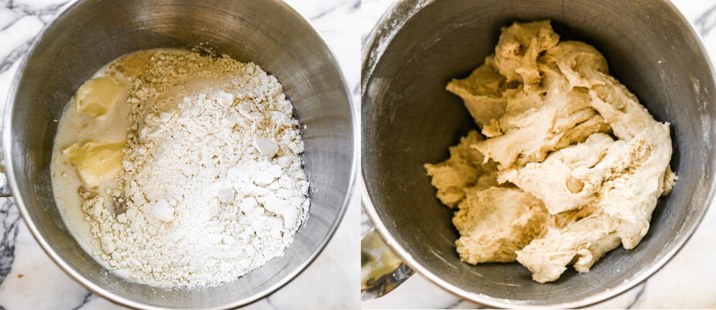 Two process photos for making cinnamon roll dough in a mixer.