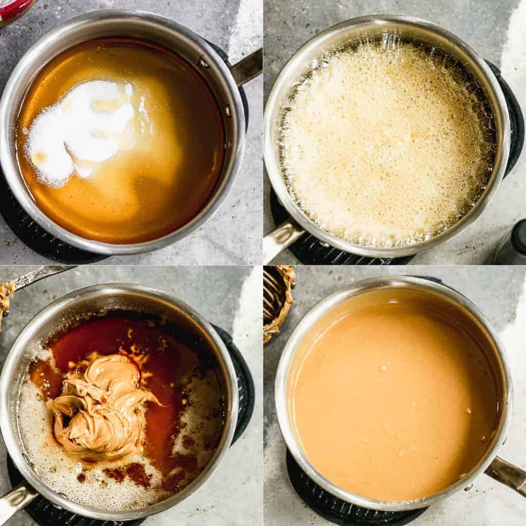 Process photos for making peanut butter sauce in a saucepan.