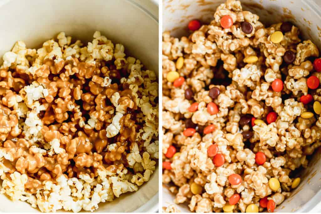 Peanut butter sauce poured over popcorn, then stirred together and Reese's candy added on top.