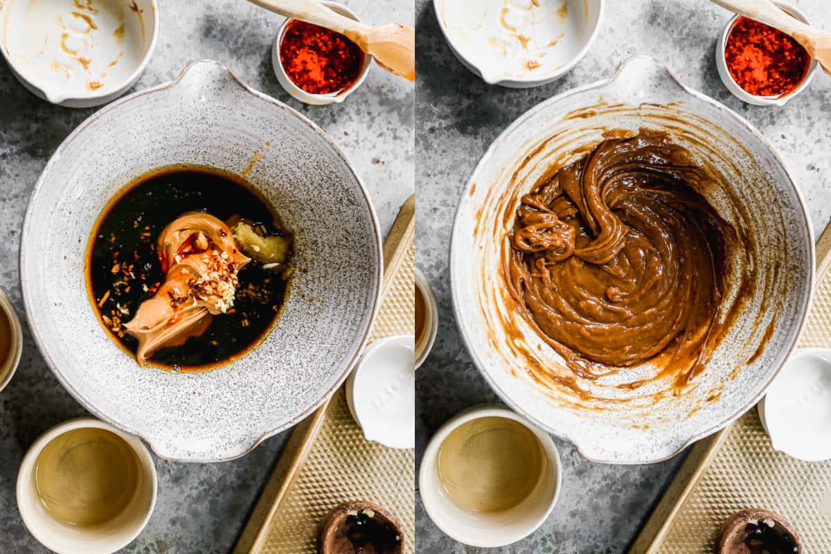 Two process photos for mixing the ingredients for Peanut Sauce, in a bowl.