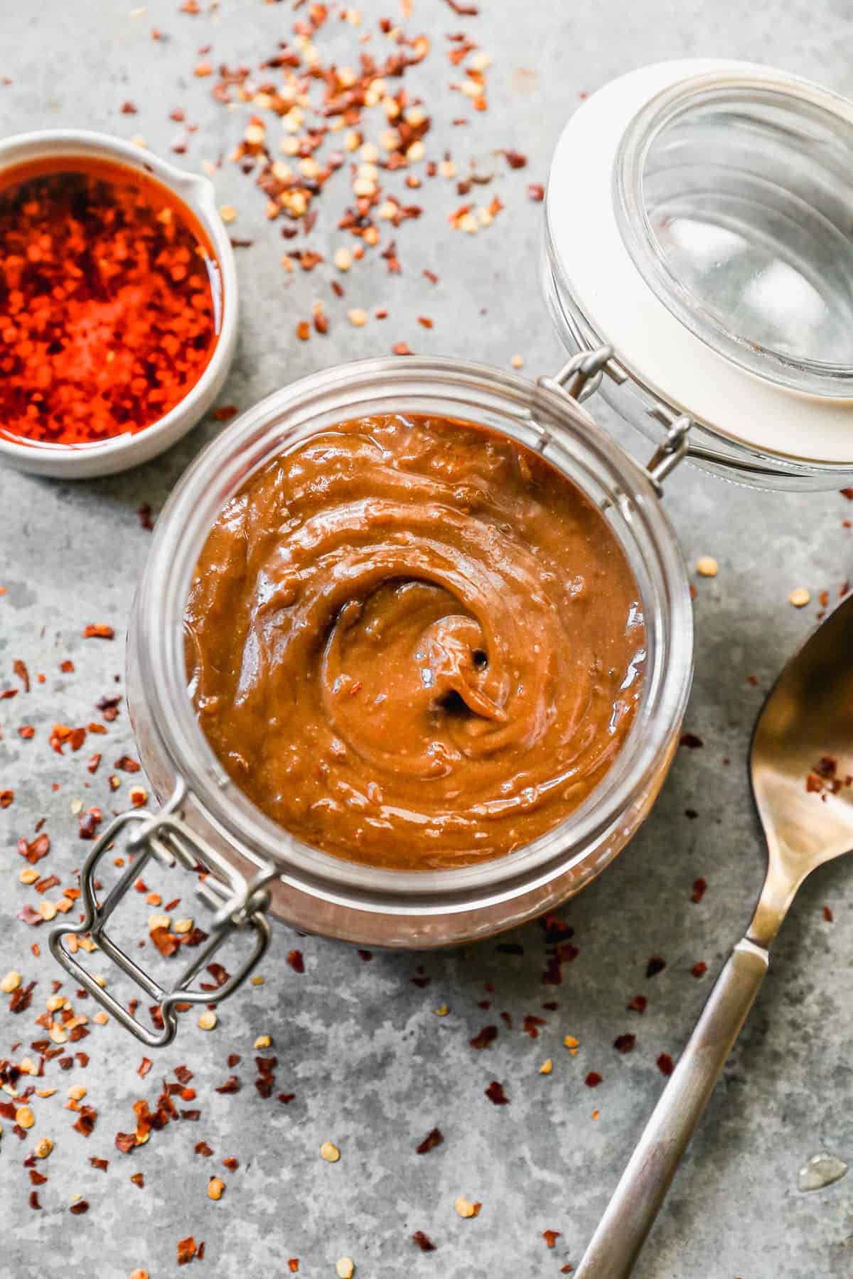 A container of homemade peanut sauce.