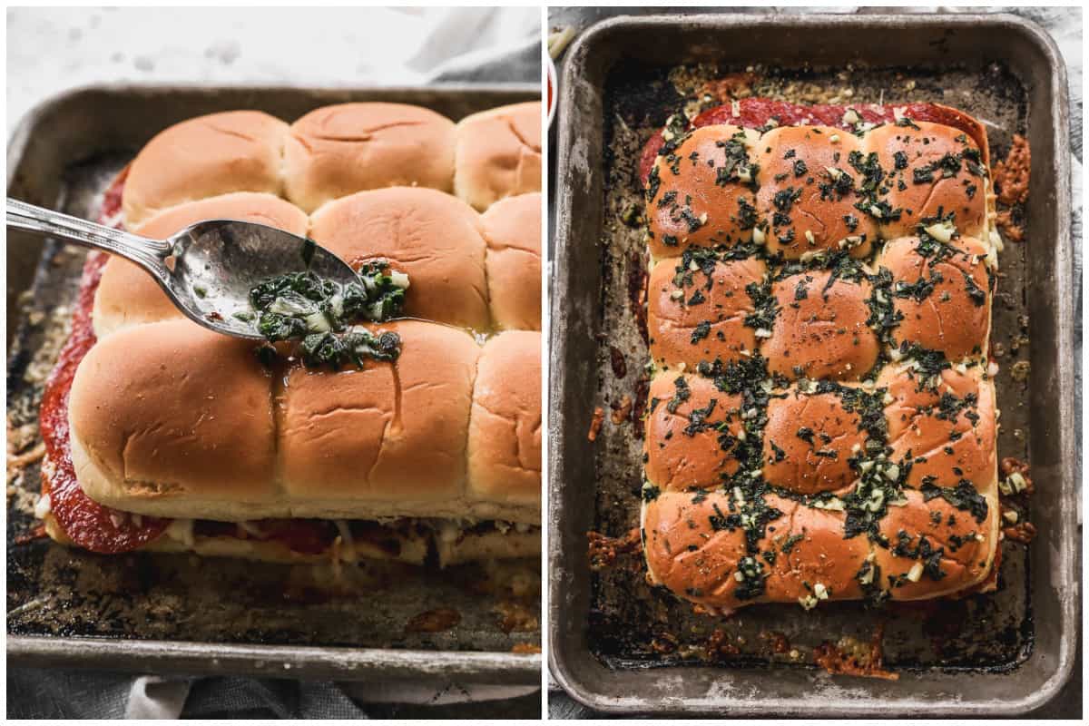 Two images showing an easy garlic topping being spread on top of easy Pizza Sliders, and then after they are baked.