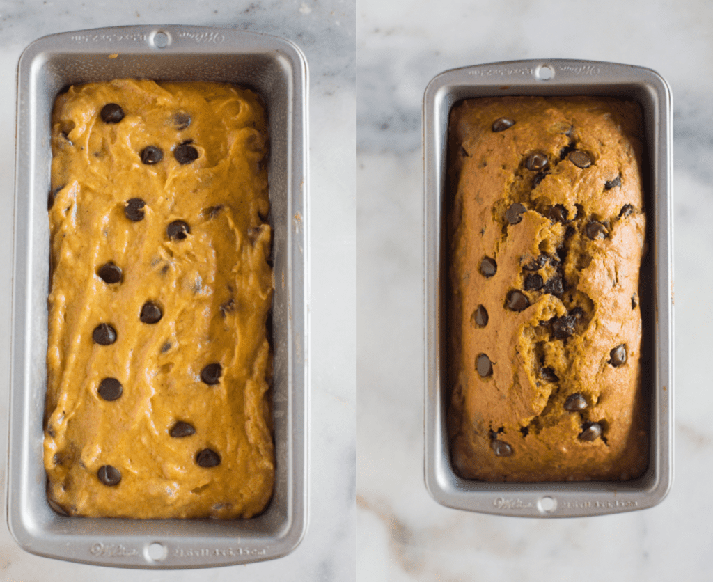 Before and after photos of pumpkin bread batter in a loaf pan, next to a photo of the baked pumpkin chocolate chip bread. 