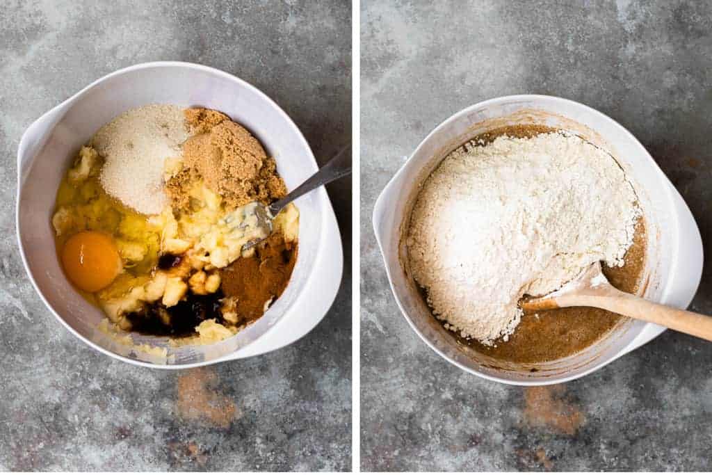 Two process photos for mixing the wet ingredients for healthy banana bread, then adding the dry ingredients.