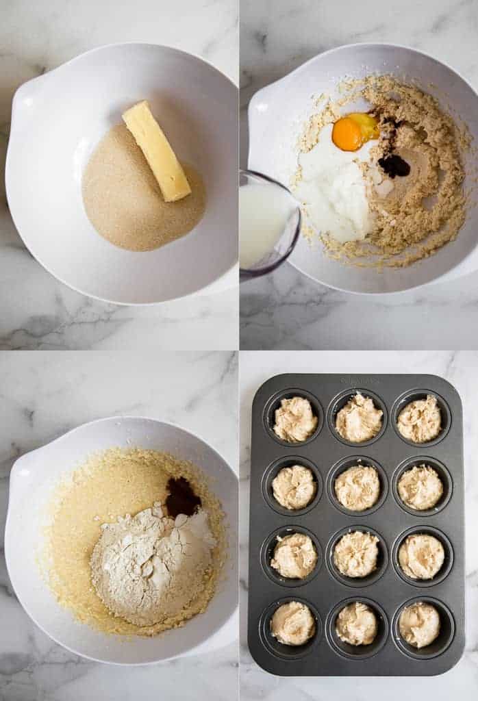 Four process photos for making Snickerdoodle Muffins batter in a mixing bowl and adding to a muffin tin.