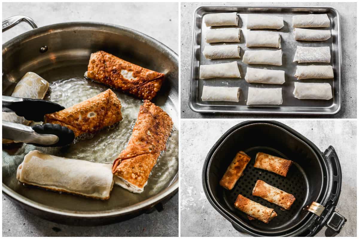 Three images showing three different methods for cooking egg rolls: frying in a pan, baking in the oven, or in the air fryer.