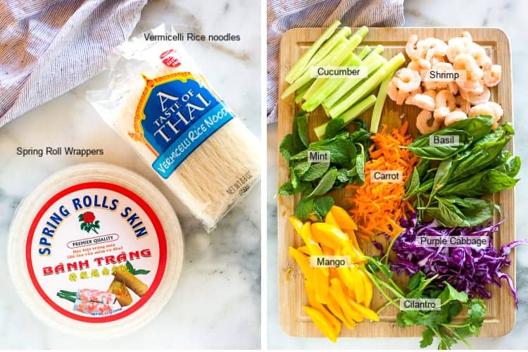 The ingredients for spring rolls including spring roll wrappers, chopped vegetables and herbs.