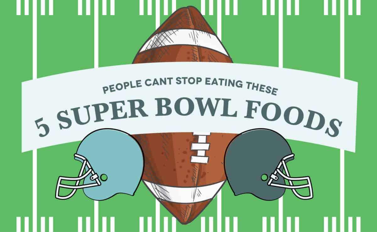 A graphic showing a football field and two helmets for an article about the top 5 super bowl foods.