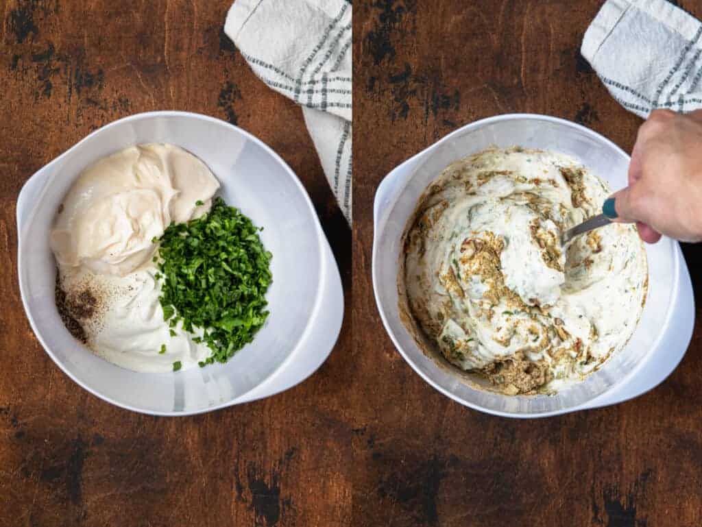 Two process photos for mixing vegetable dip in a mixing bowl. 