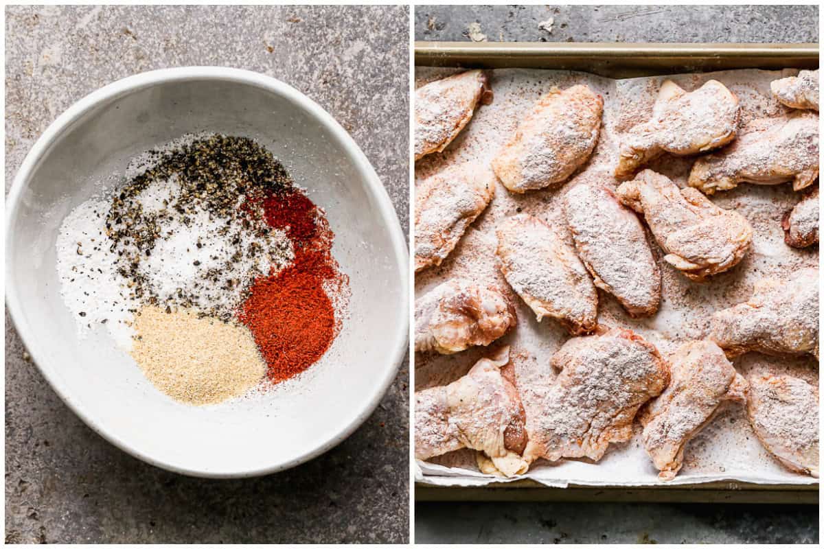 Two images showing how to make air fryer chicken wings by patting the chicken wings dry then rubbing a simple seasoning mix on them. 