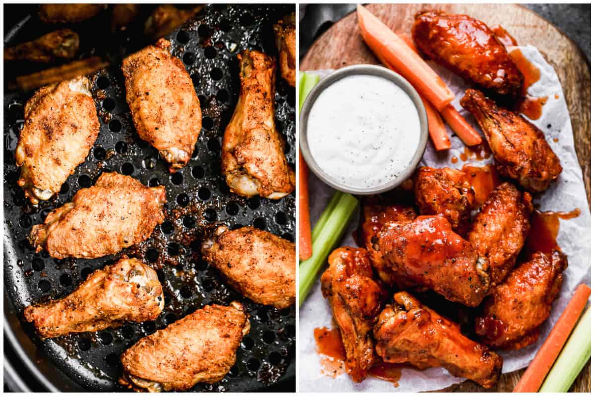 Two images showing the best air fryer chicken wings recipe cooked in the air fryer then served on a board with a cup of ranch, celery, and carrots. 