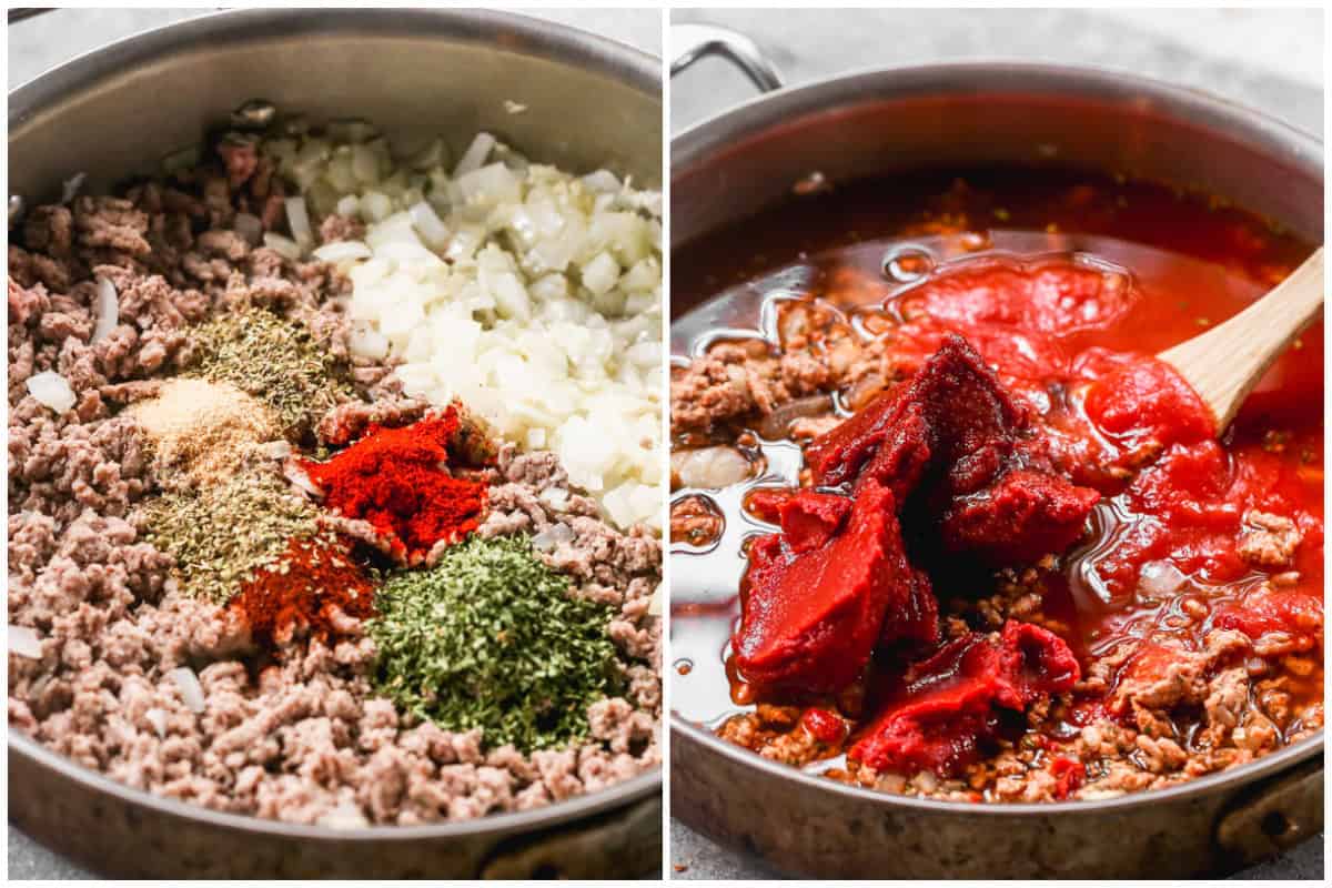 Two images showing a sauce for an easy beefaroni recipe with ground beef, onions, spices, and tomato sauce and tomato paste. 