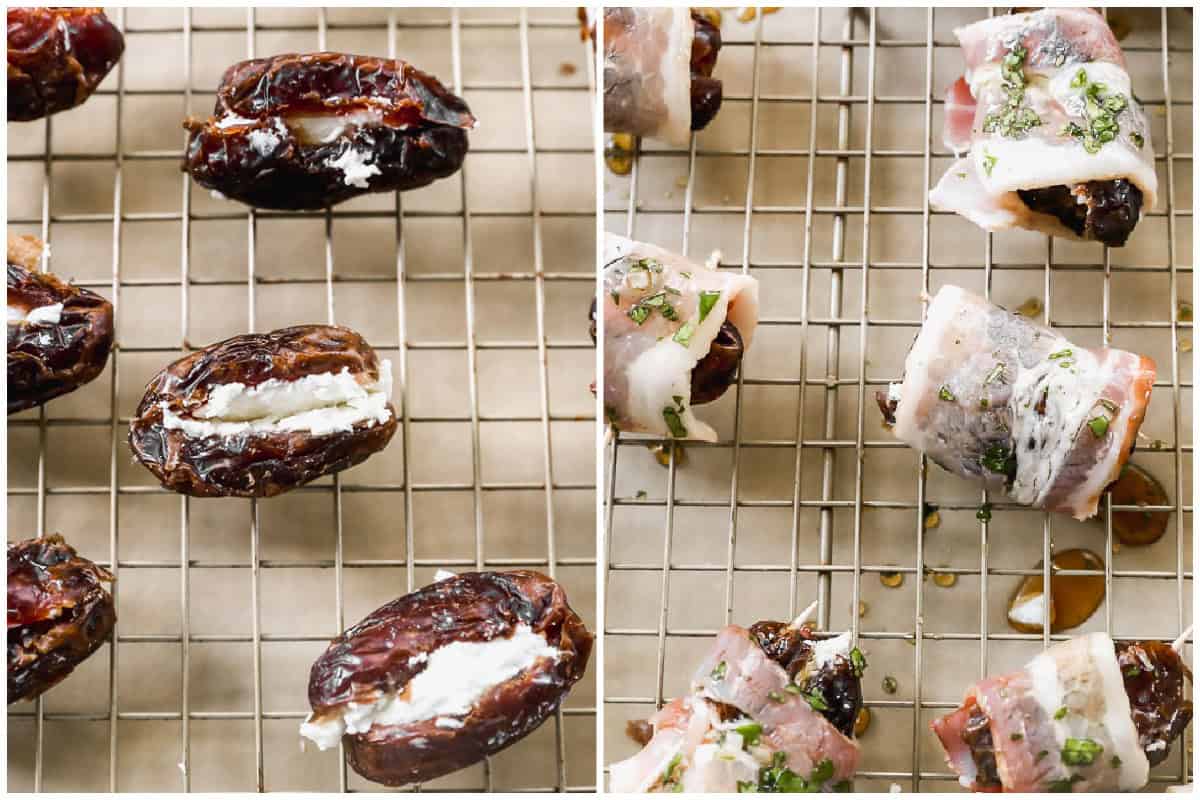 Two images showing how to make bacon wrapped dates or Devils on horseback by stuffing goat cheese inside each date, then wrapping in bacon and brushing on a glaze. 