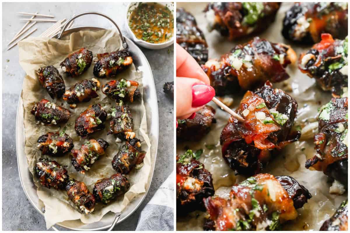 Two images showing a goat cheese bacon wrapped dates recipe on a serving tray, then one of them being picked up with a toothpick. 