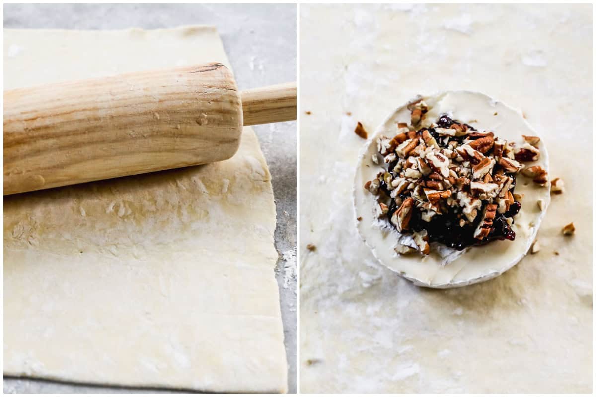 Two images showing how to make a baked brie puff pastry by rolling out the puff pastry then placing the brie in the middle with jam and nuts. 