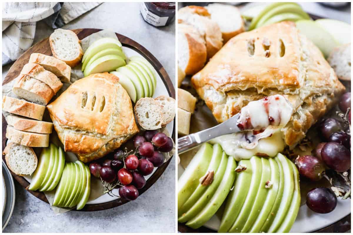 Two images showing a savory baked brie dip wrapped in a puff pastry and on a platter with apples, bread, and grapes and a knife lifting melted cheese. 