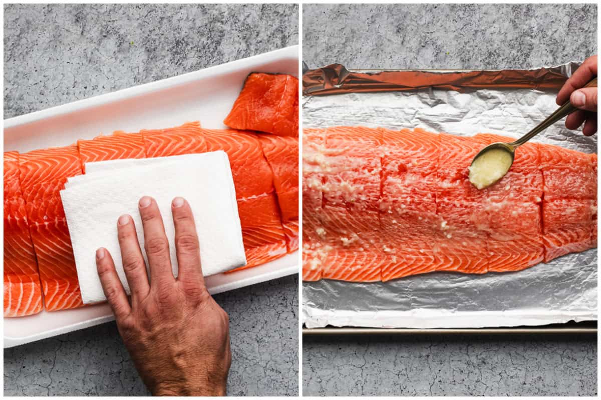 Two images showing how to bake salmon by patting the salmon with a paper towel then spooning on garlic butter over the fillet on a pan lined with aluminum foil. 