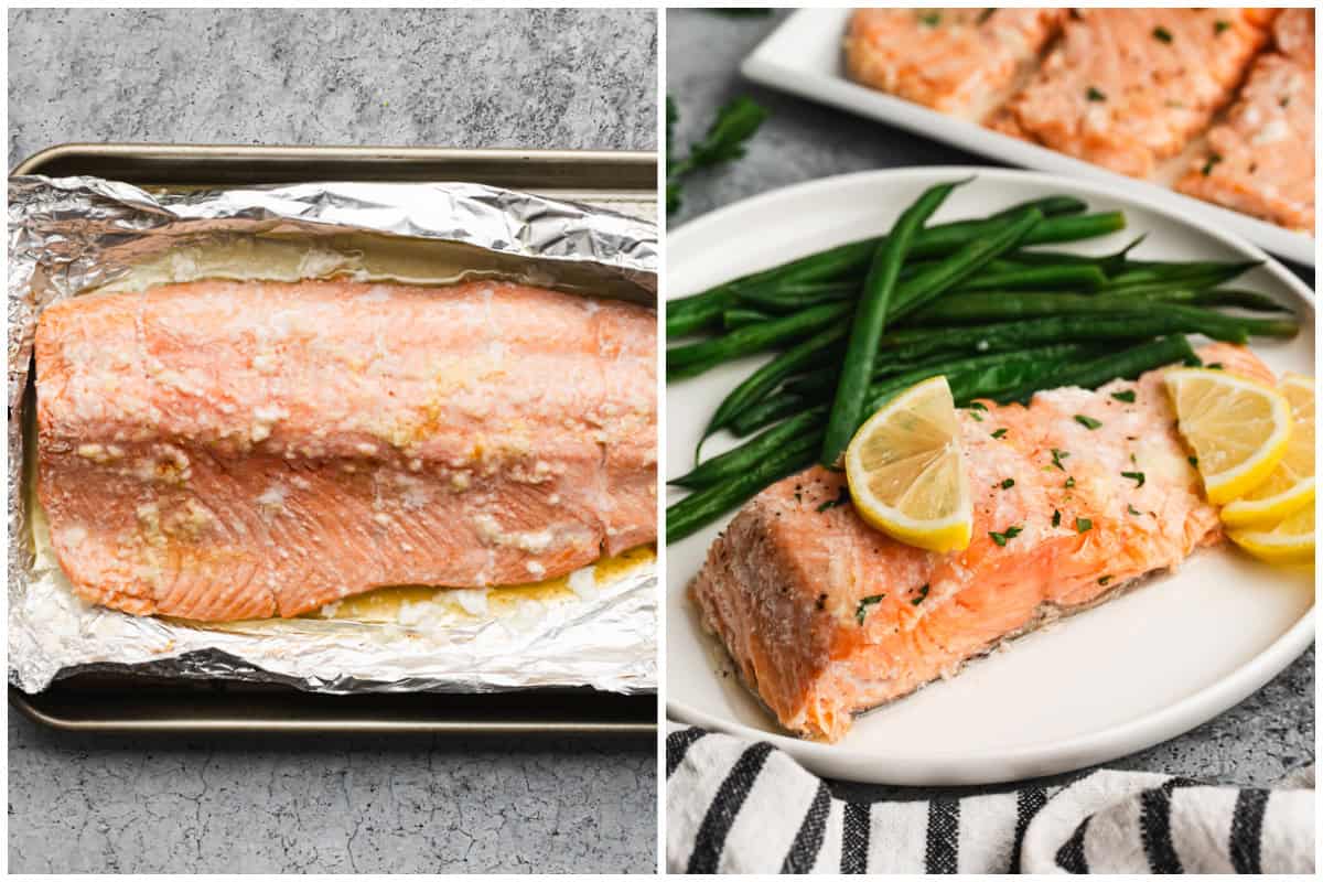 Two images showing baked salmon in foil after it's cooked then on a plate served with lemon wedges and a side of green beans. 