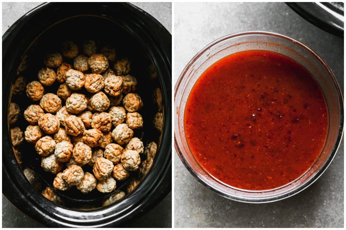 Two images showing how to make bbq meatballs by putting meatballs in a crockpot then making a bbq meatball sauce. 