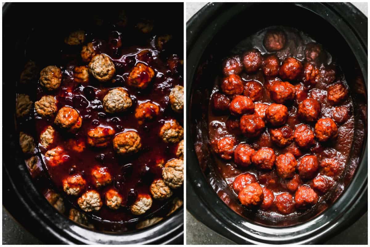 Two images showing crockpot bbq meatballs before and after they cook. 