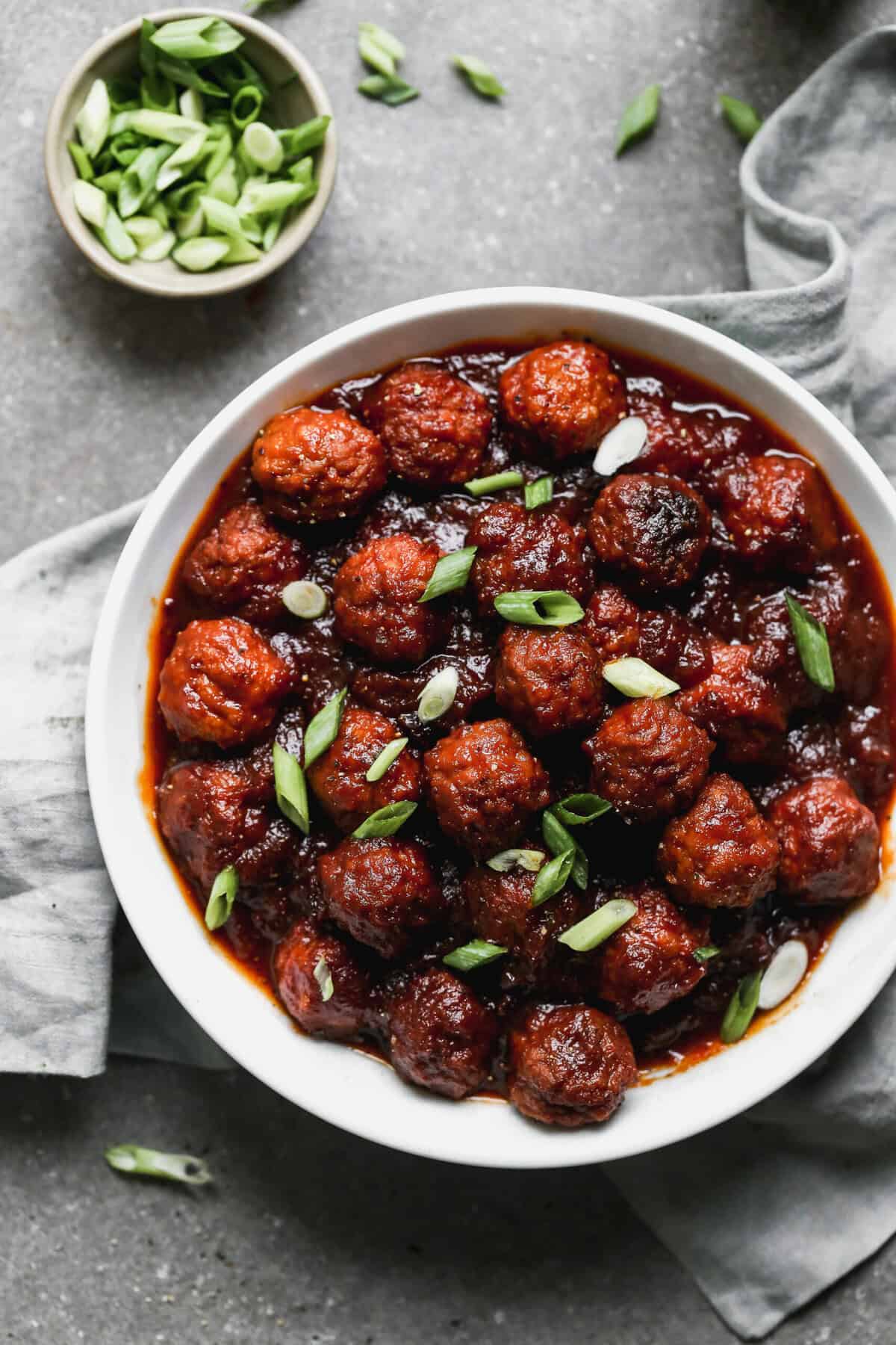 An easy BBQ meatball recipe in a bowl ready to serve. 