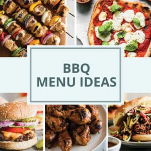 A collage image showing 5 images for the main dish for bbq party menu ideas.