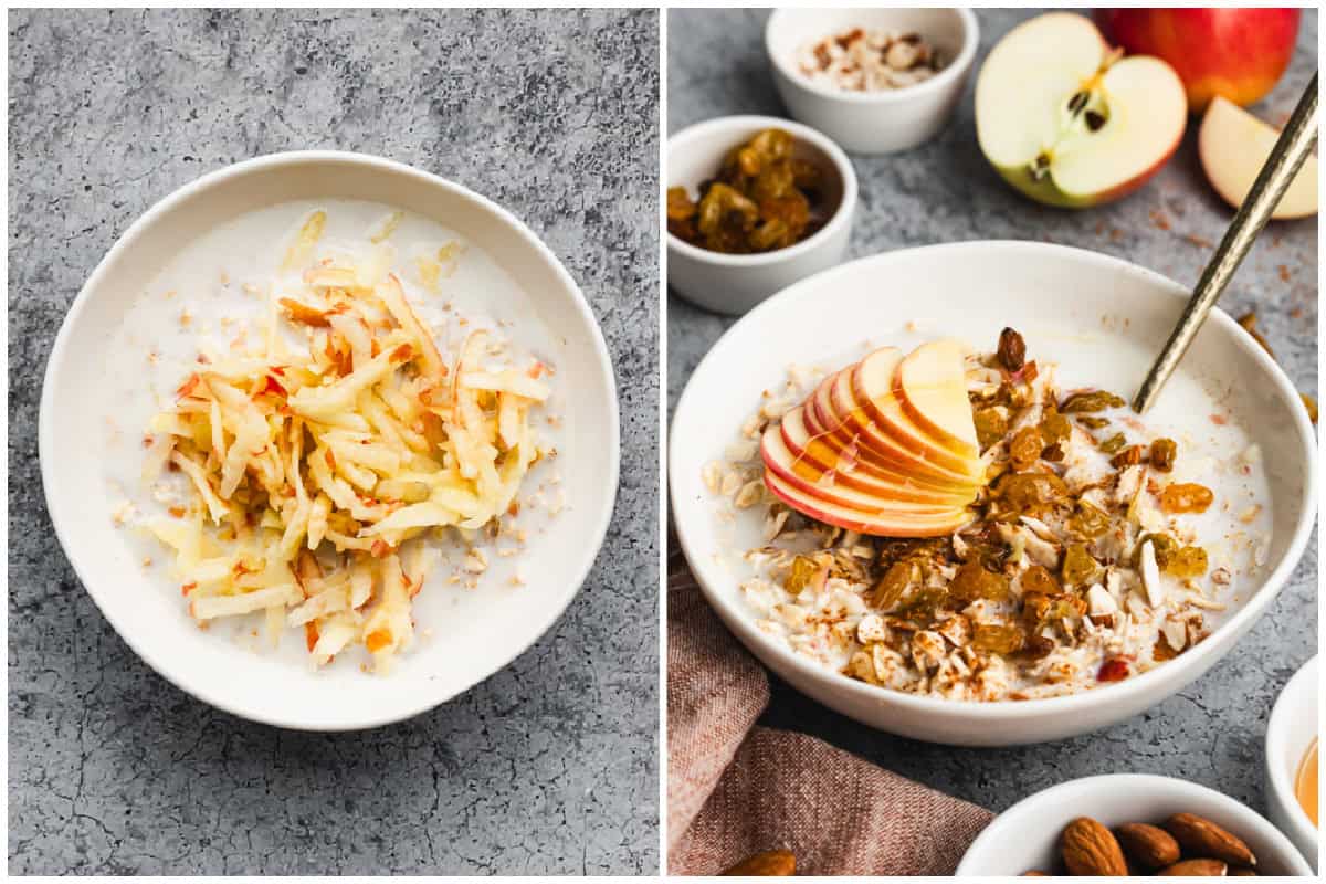 Two images showing grated apple being added to the best bircher muesli recipe then after it's topped with golden raisins, chopped almonds, a drizzle of honey, and a sprinkle of cinnamon. 