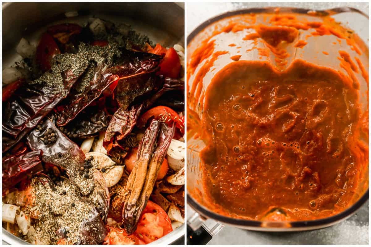 Two images showing onion, tomatoes, garlic, and chile peppers cooking in a pan with spices, then after it's blended to make a sauce for an authentic birria tacos recipe. 