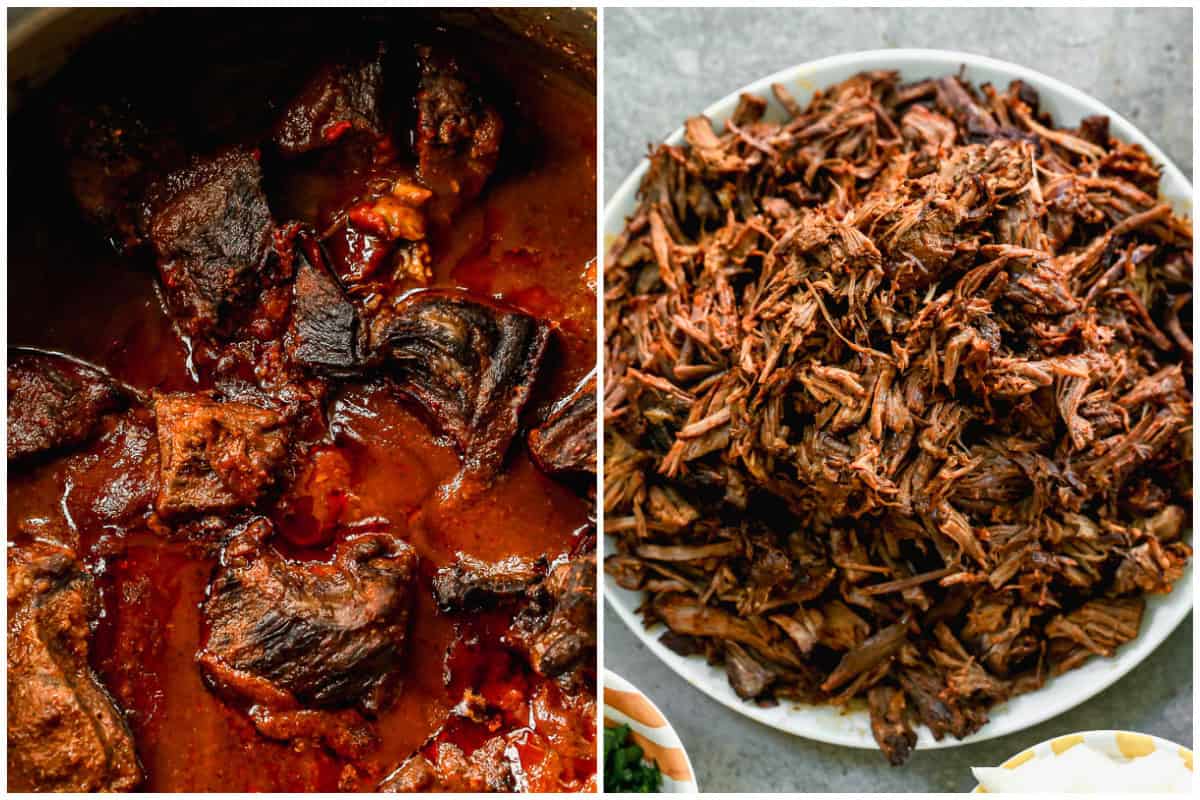 Two images of beef in a homemade broth, then after it's removed and shredded to make an easy birria tacos recipe. 