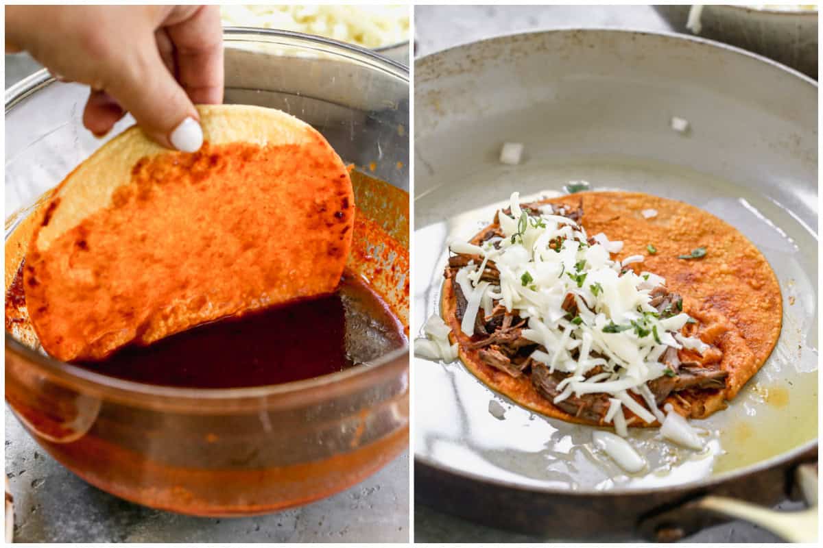 Two images showing how to make birria tacos by dipping the corn tortilla in a homemade sauce then filling it with meat, cheese, onion, and cilantro and pan frying until crispy. 