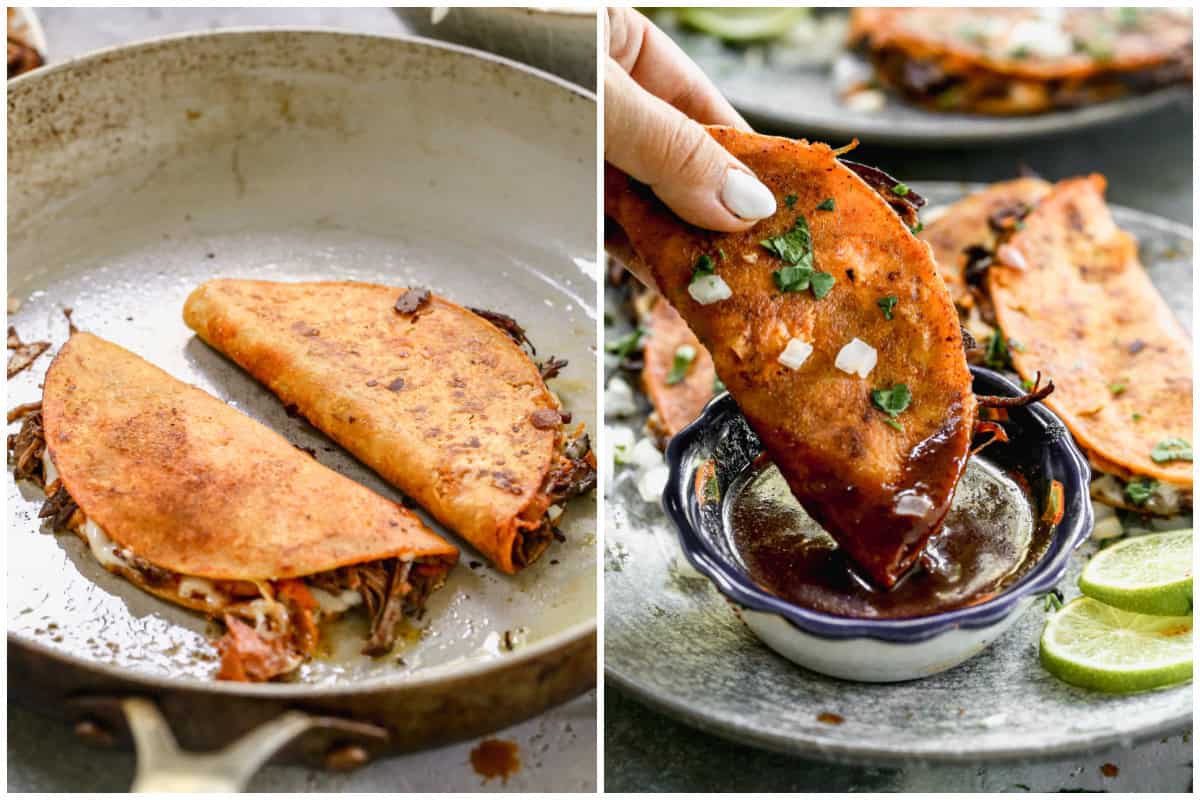 Two images showing birria beef tacos pan frying until crispy then when it's being dipped in a cup of sauce for eating. 